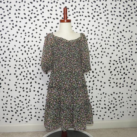 Art Class Black Floral Print Smocked Bodice Cut Out Girls Dress - Picture 1 of 6
